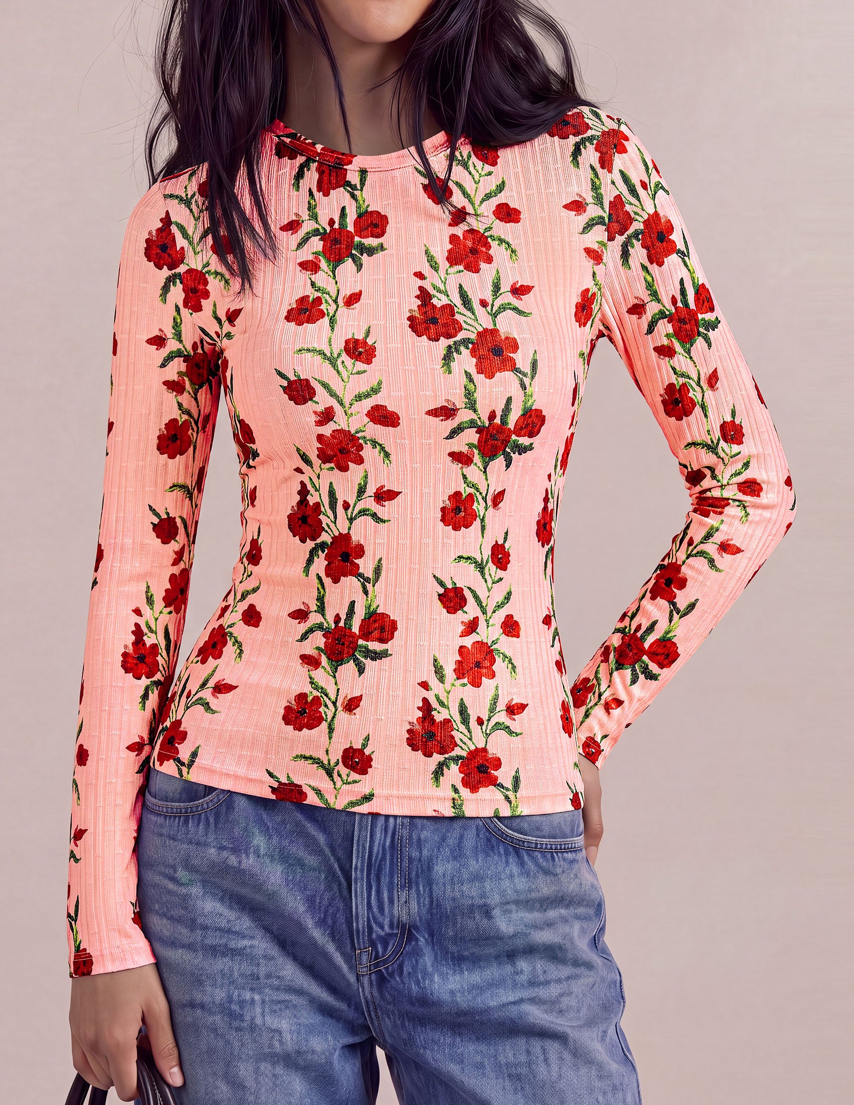 PRETTYGARDEN Womens Long Sleeve Shirts Floral Y2K Tops | Soft Lightweight Ribbed Knit Top,Fitted Waist,Crew Neck Slim Fit,Going Out Vacation Outfits,Layering Fall Winter Clothes