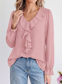 PRETTYGARDEN Women Early Fall Fashion Dressy Casual Blouses  | Comfy Lightweight,Lantern Long Sleeve Shirts,Cute Ruffle V Neck,Going Out Tops,Business Work Outfits,Trendy Daily Clothes