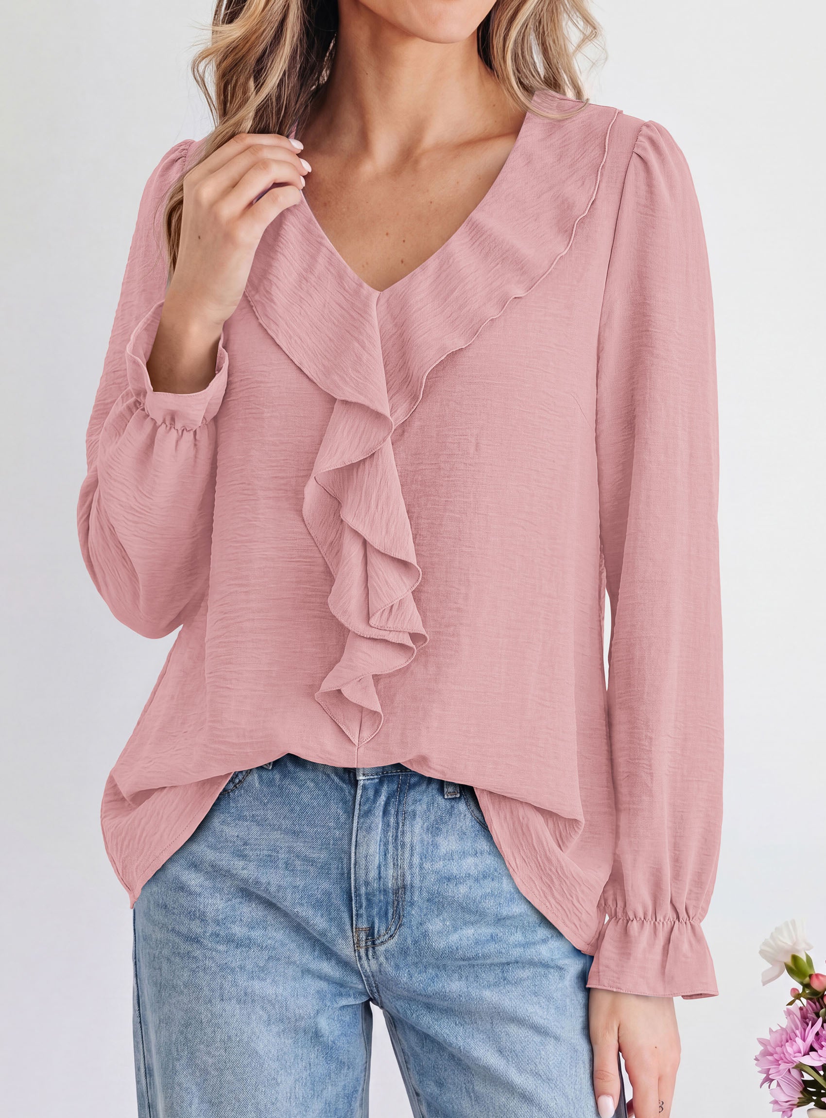 PRETTYGARDEN Women Early Fall Fashion Dressy Casual Blouses  | Comfy Lightweight,Lantern Long Sleeve Shirts,Cute Ruffle V Neck,Going Out Tops,Business Work Outfits,Trendy Daily Clothes