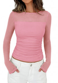 PRETTYGARDEN Women's 2026 Fall Long Sleeve T Shirts Sheer Mesh Boat Neck Ruched Fitted Going Out Summer Tops Fashion Clothing