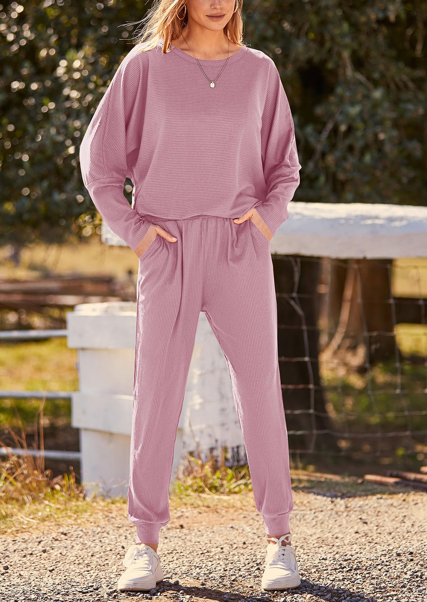 PRETTYGARDEN Women's Fall 2 Piece Lounge Set Long Sleeve Tops Ribbed Pants Spring Matching Sweatsuit Travel Outfits Clothes