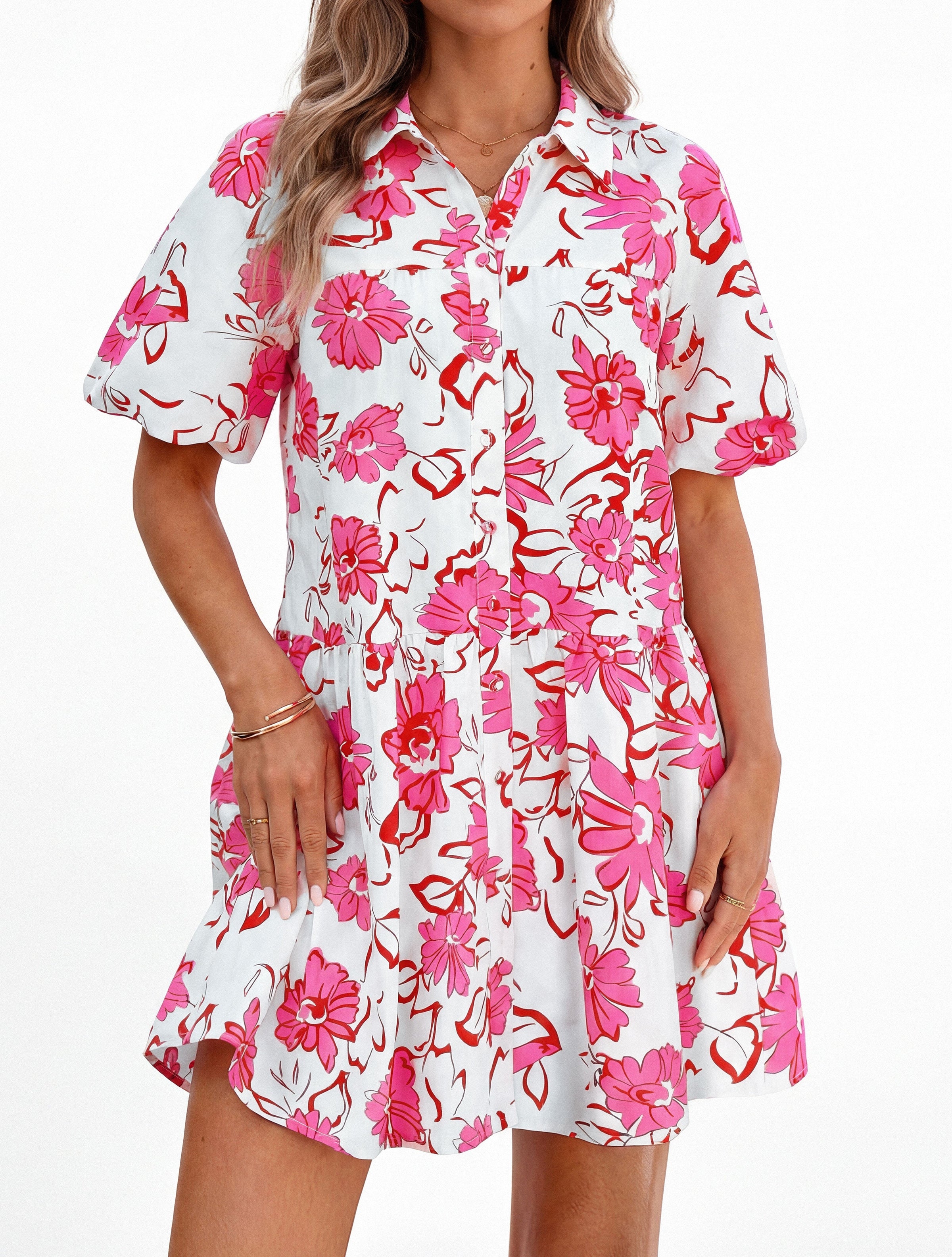 PRETTYGARDEN Womens Summer Dresses 2026 Casual Puff Sleeve Button Down Mini Shirt Dress Boho Floral Babydoll Sun Dress PRETTYGARDEN