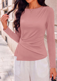 PRETTYGARDEN Womens Ruched Tops Casual Long Sleeve Shirt  Soft Stretchy Knit, Round Neck Slim Fitted Shape, Pleated Asymmetrical Hem, Office Work Daily Wear, Trendy Fall Outfits