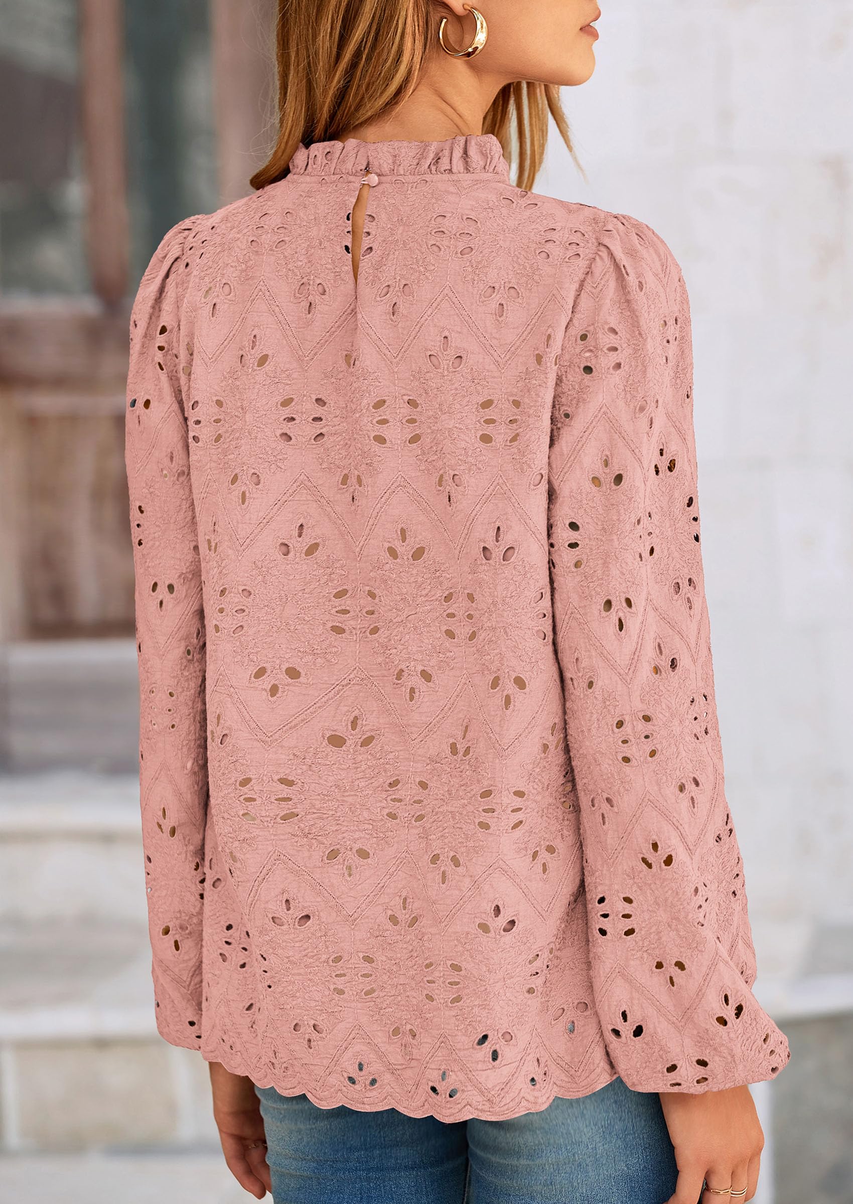 PRETTYGARDEN Womens Tops Dressy Casual Spring Long Sleeve Shirts Embroidered Eyelet Blouses Going Out Outfits