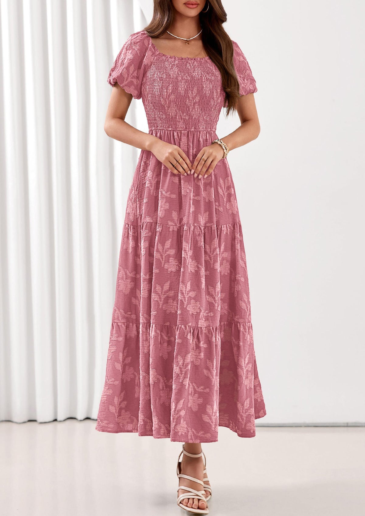 PRETTYGARDEN Women's 2026 Summer Boho Maxi Dresses Floral Short Sleeve Square Neck Smocked Flowy Long Dress Vacation Outfits PRETTYGARDEN