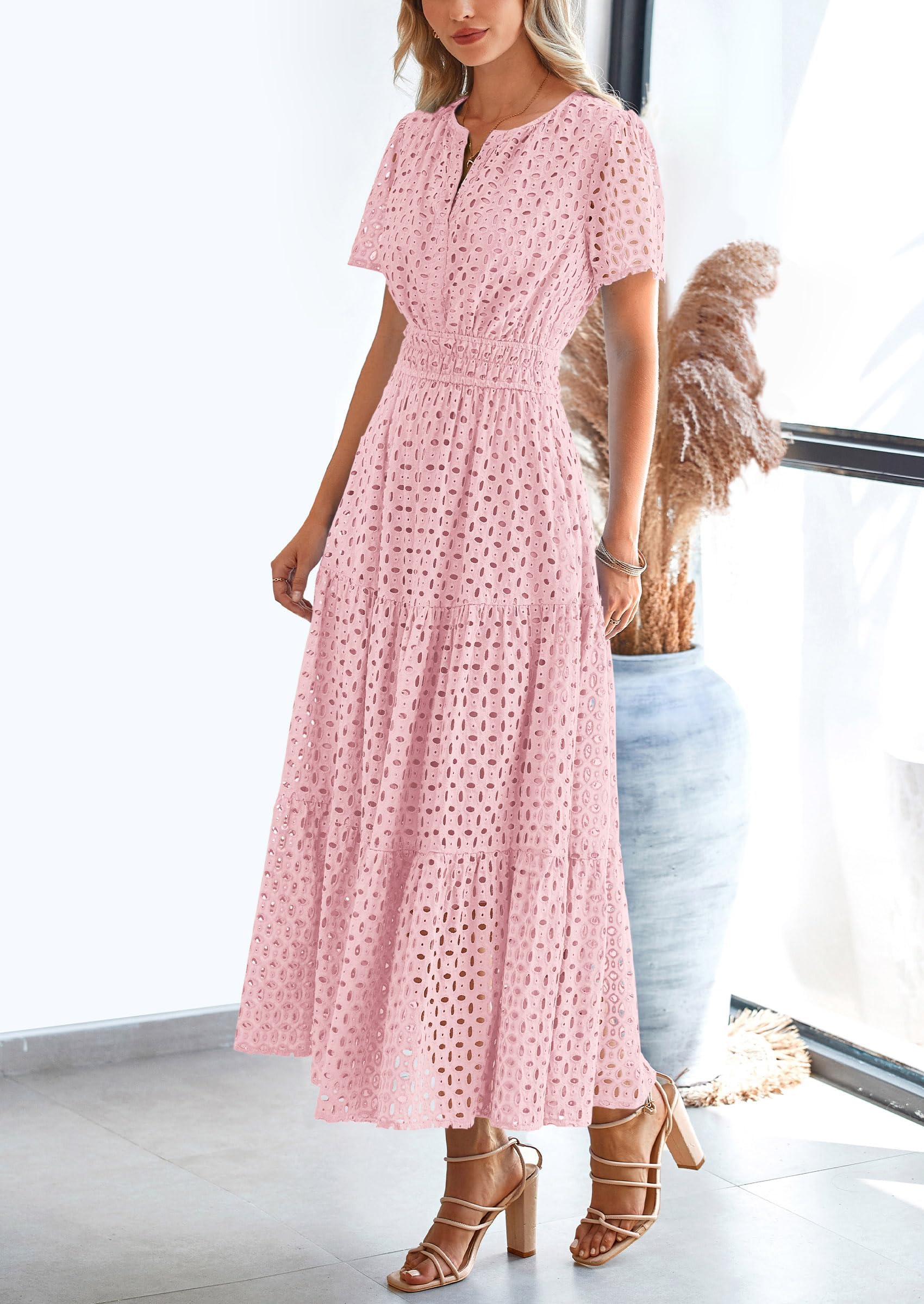 PRETTYGARDEN Womens Maxi Dress Short Sleeve V Neck Hollow Out Eyelet A Line Long Flowy Beach Vacation Dresses