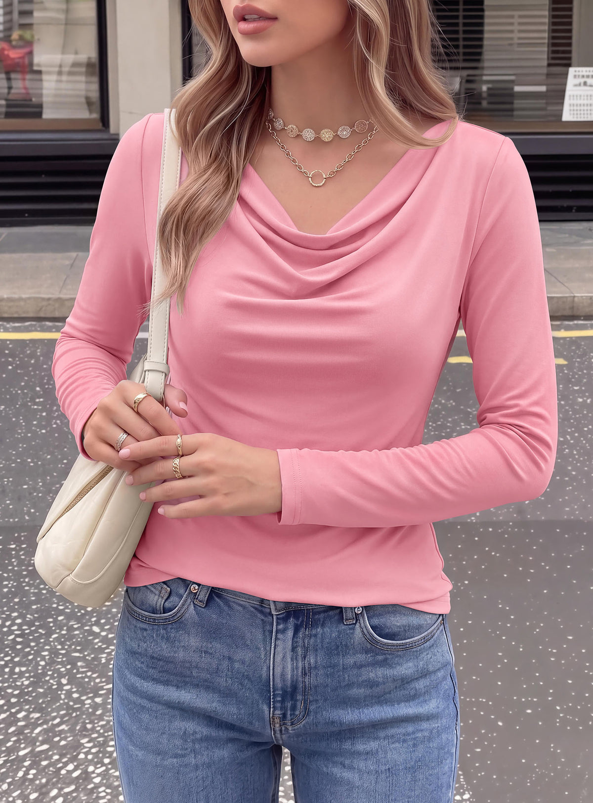 PRETTYGARDEN Cowl Neck Tops for Women Fashion Long Sleeve Shirt  Comfy Ruched Shirts, Soft Lightweight Knit, Chic Cowl Neck Top, Casual Going Out Outfits, Fall Winter Trendy Clothes