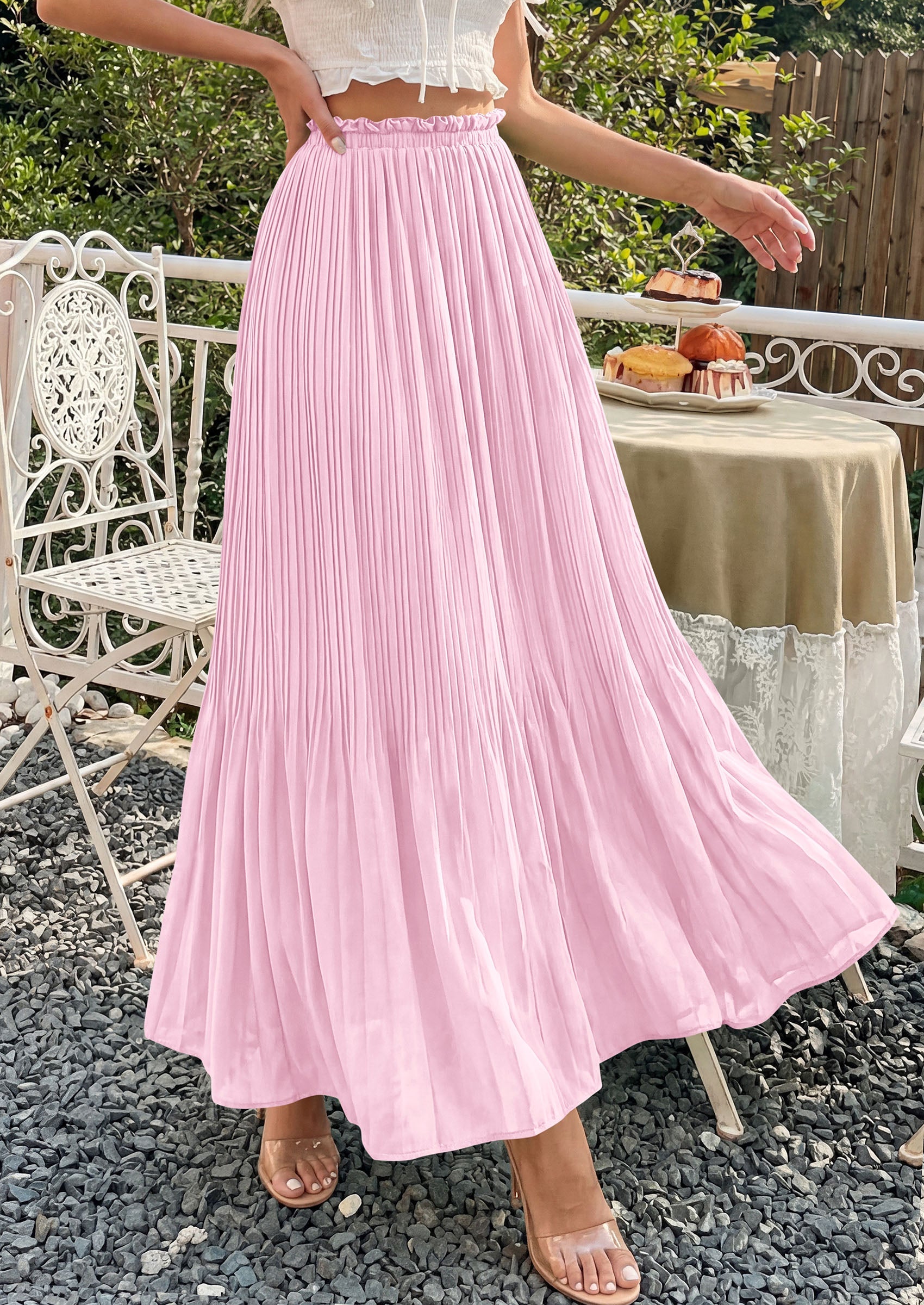 PRETTYGARDEN Pleated Long Skirts for Women Summer Vacation Outfits 2026 Spring Elastic Waisted Flowy Chiffon A-Line Midi Skirt PRETTYGARDEN