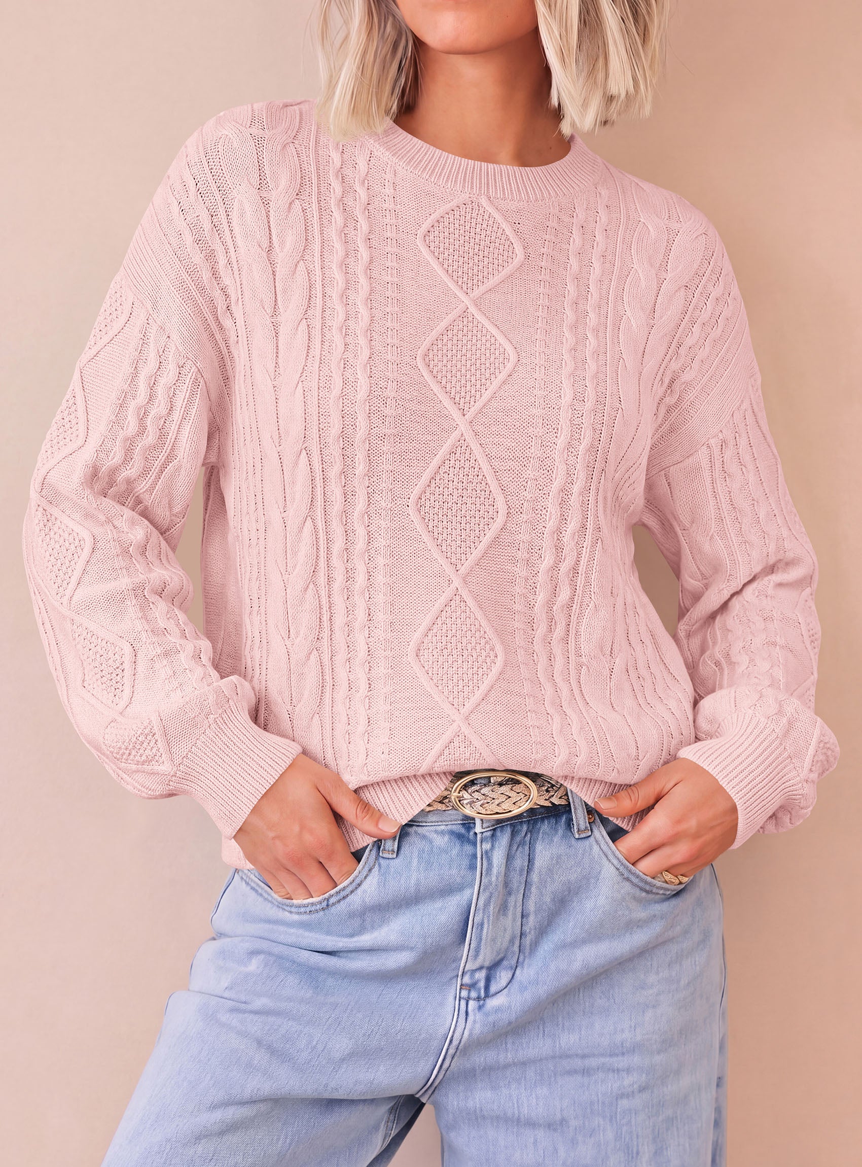 PRETTYGARDEN Womens Cable Knit Sweater Crewneck Pullover | Soft Ribbed Cuffs,Relaxed Fit Long Sleeve Sweaters,Chunky Diamond,Warm Layering,Comfy Daily Wear,Fall Winter Going out Top