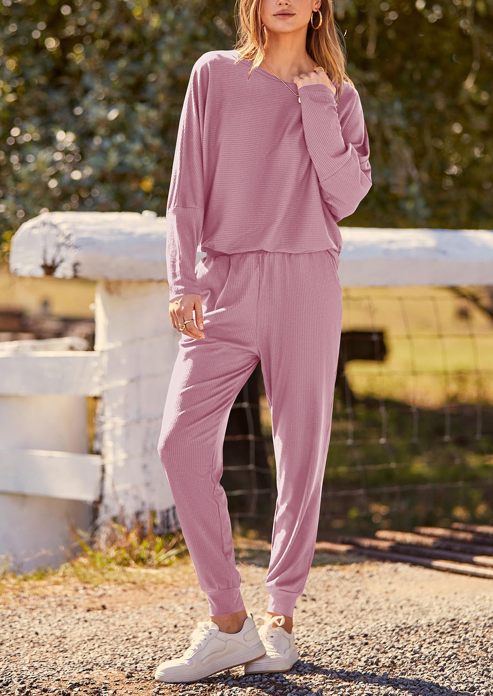 PRETTYGARDEN Women's Fall 2 Piece Lounge Set Long Sleeve Tops Ribbed Pants Spring Matching Sweatsuit Travel Outfits Clothes