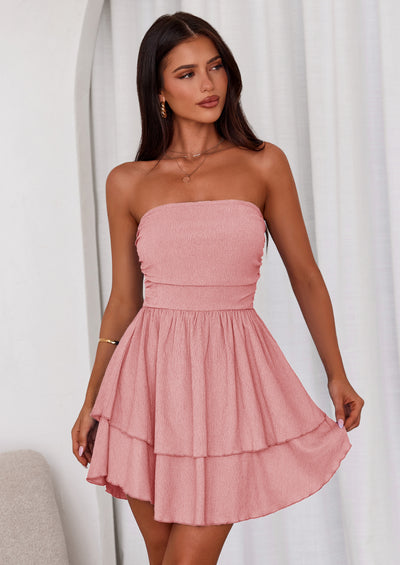 PRETTYGARDEN Women's Summer Strapless Tube Mini Dress Off Shoulder Smocked Ruffle A Line Flowy Short Party Club Dresses
