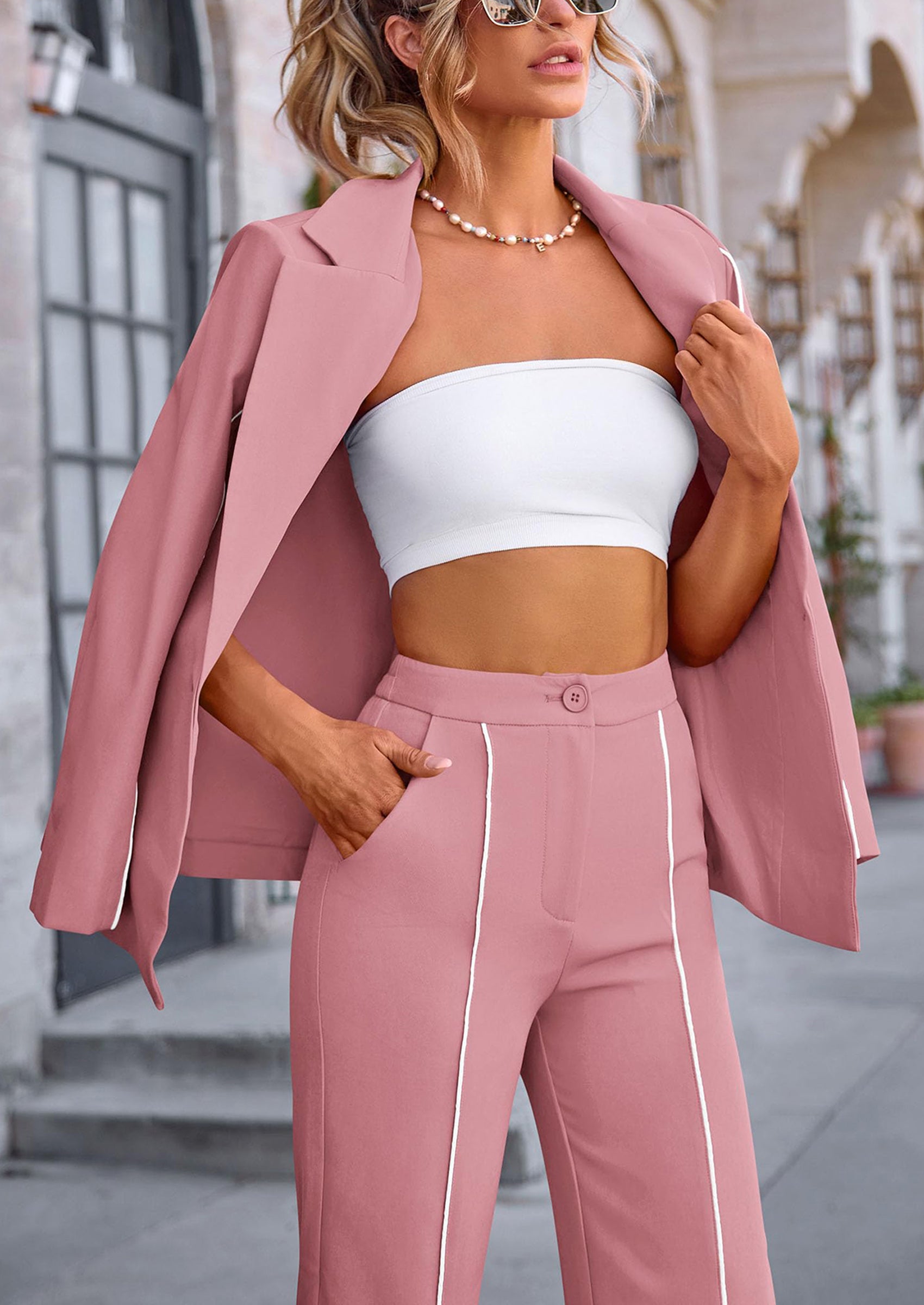 PRETTYGARDEN 2 Piece Blazer Outfits Business Casual Oversized Jacket Wide Leg Work Pants Dressy Suit Set