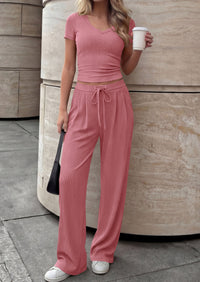 PRETTYGARDEN 2 Piece Sets for Women Summer 2026 Spring Lounge Set Matching V Neck Tops Wide Leg Pants Airport Travel Outfits PRETTYGARDEN