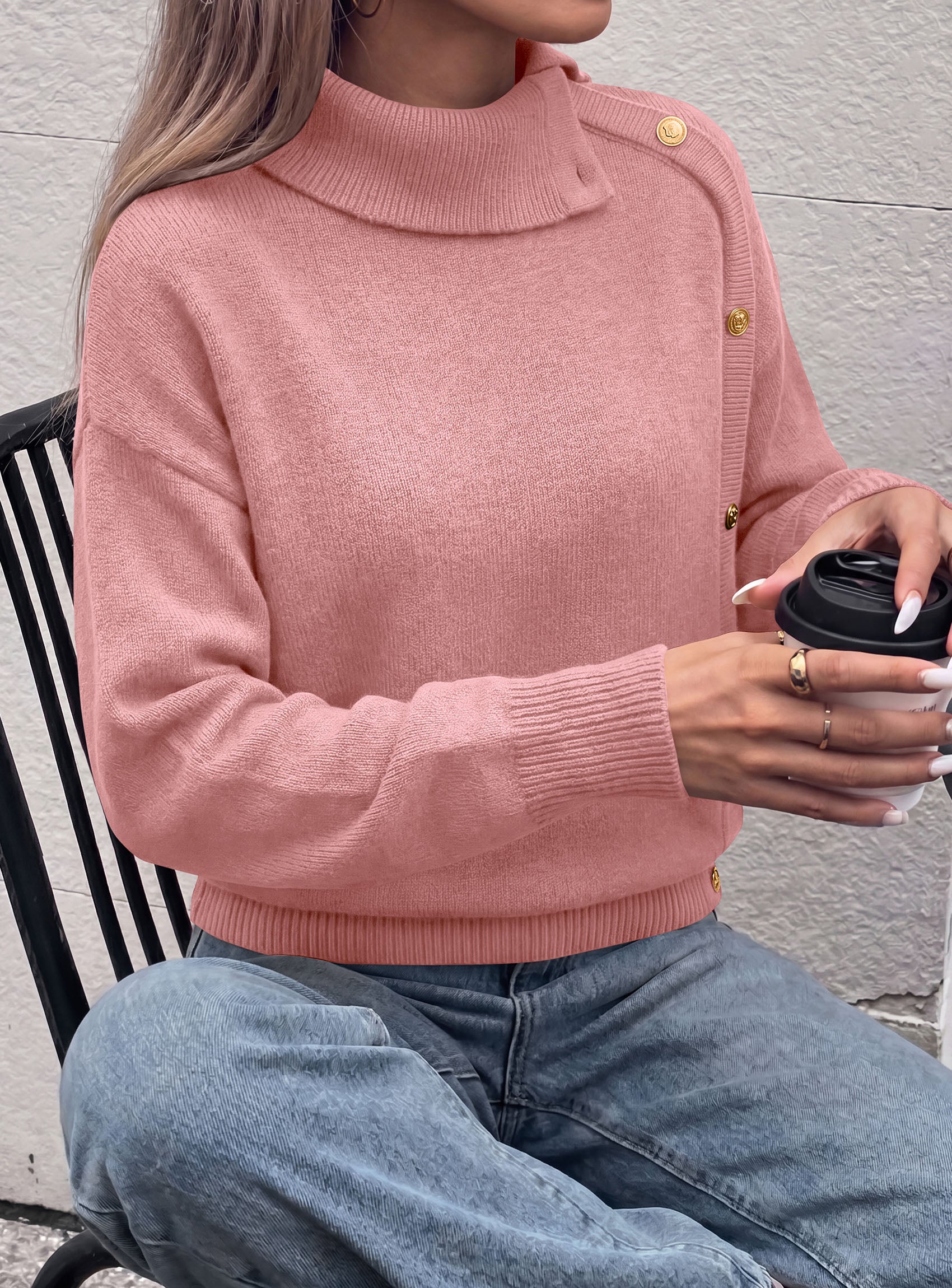 PRETTYGARDEN Womens Turtleneck Sweater Pullover Side Button Fall Clothes  Stretchy Knit,Dropped Shoulder,Ribbed Cuffs,Asymmetrical,Jumper Long Sleeve Tops,Work Office,2026 Winter Casual Outfits