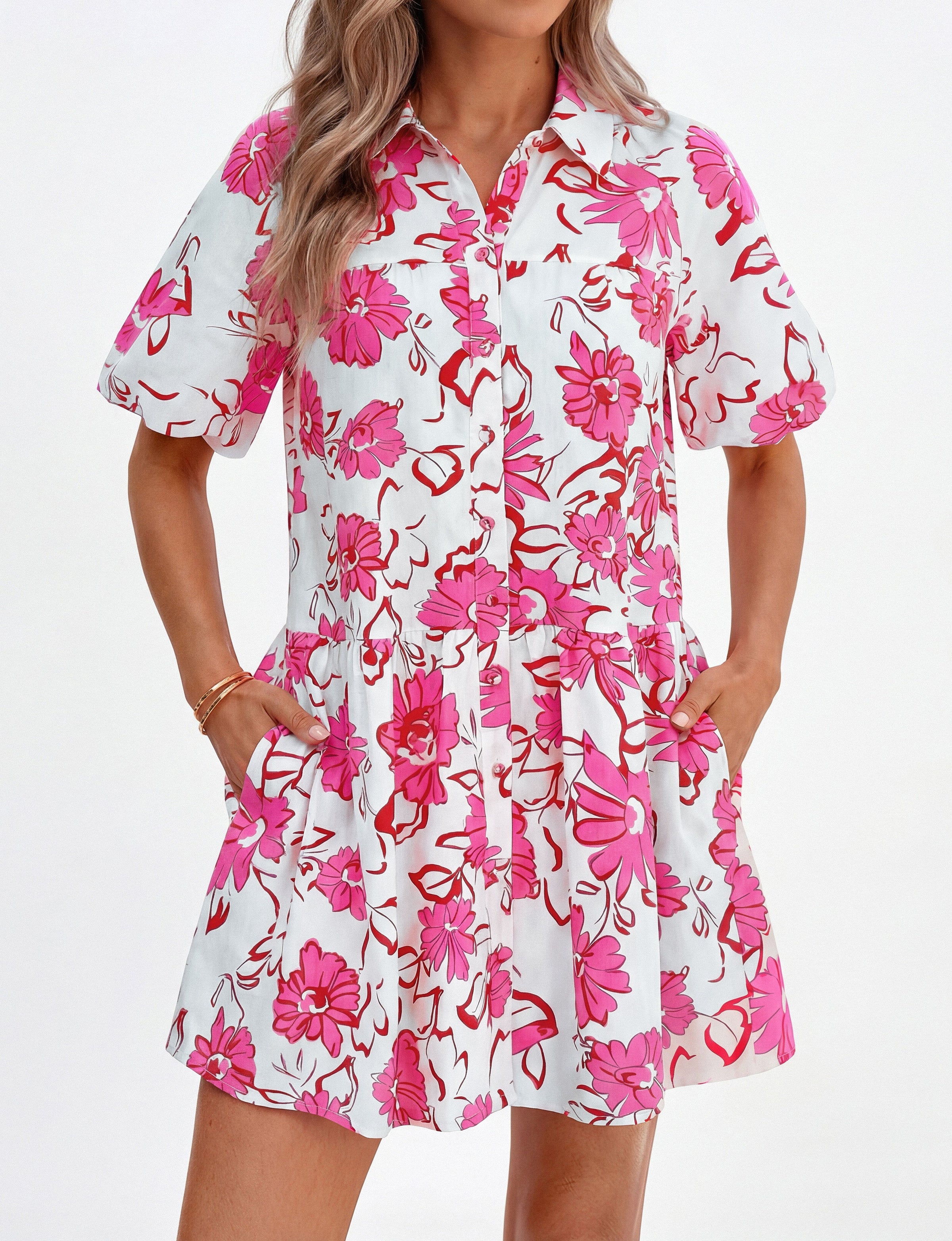 PRETTYGARDEN Womens Summer Dresses 2026 Casual Puff Sleeve Button Down Mini Shirt Dress Boho Floral Babydoll Sun Dress PRETTYGARDEN