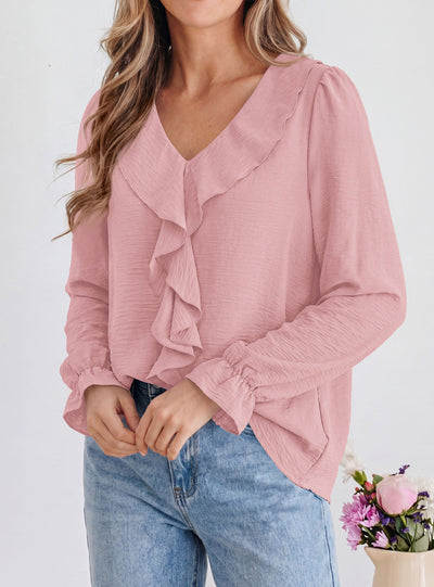 PRETTYGARDEN Women Early Fall Fashion Dressy Casual Blouses  | Comfy Lightweight,Lantern Long Sleeve Shirts,Cute Ruffle V Neck,Going Out Tops,Business Work Outfits,Trendy Daily Clothes