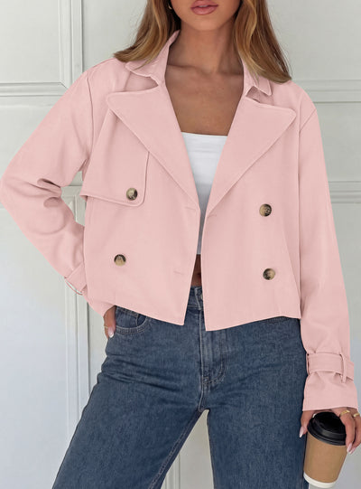PRETTYGARDEN Cropped Trench Coat For Women Short Jacket  Soft Lightweight Coats, Lapel Double Breasted, Long Sleeve Loose Fit, Casual Work Office Jackets, Fall Winter Outwear