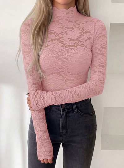 PRETTYGARDEN Womens Lace Long Sleeve Top Mesh Sheer Blouses Mock Neck See Through Slim Fitted Tops 2026 Fall Fashion Clothes