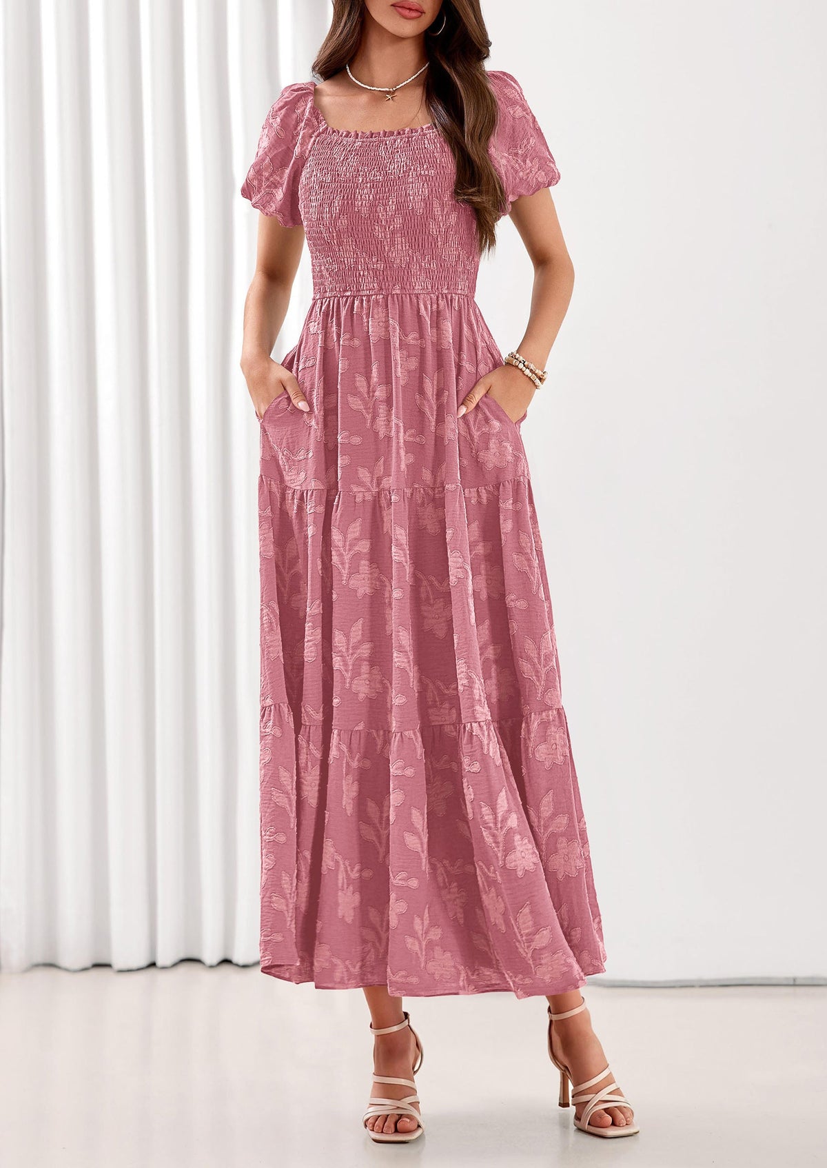PRETTYGARDEN Women's 2026 Summer Boho Maxi Dresses Floral Short Sleeve Square Neck Smocked Flowy Long Dress Vacation Outfits PRETTYGARDEN