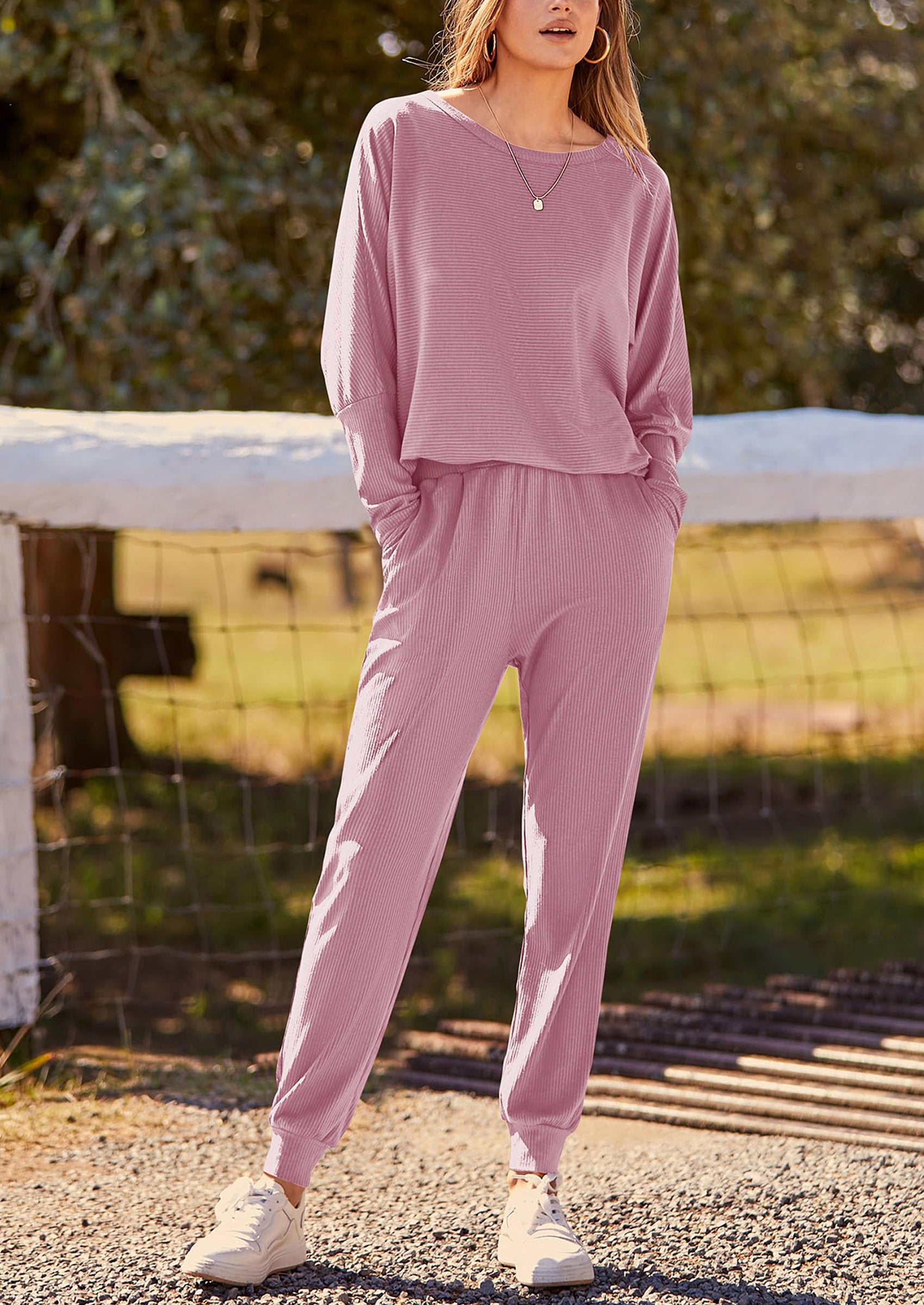 PRETTYGARDEN Women's Fall 2 Piece Lounge Set Long Sleeve Tops Ribbed Pants Spring Matching Sweatsuit Travel Outfits Clothes