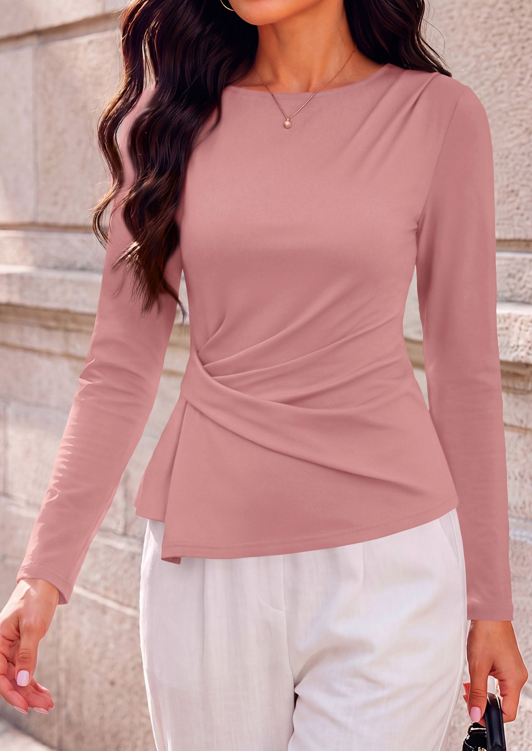 PRETTYGARDEN Womens Ruched Tops Casual Long Sleeve Shirt  Soft Stretchy Knit, Round Neck Slim Fitted Shape, Pleated Asymmetrical Hem, Office Work Daily Wear, Trendy Fall Outfits