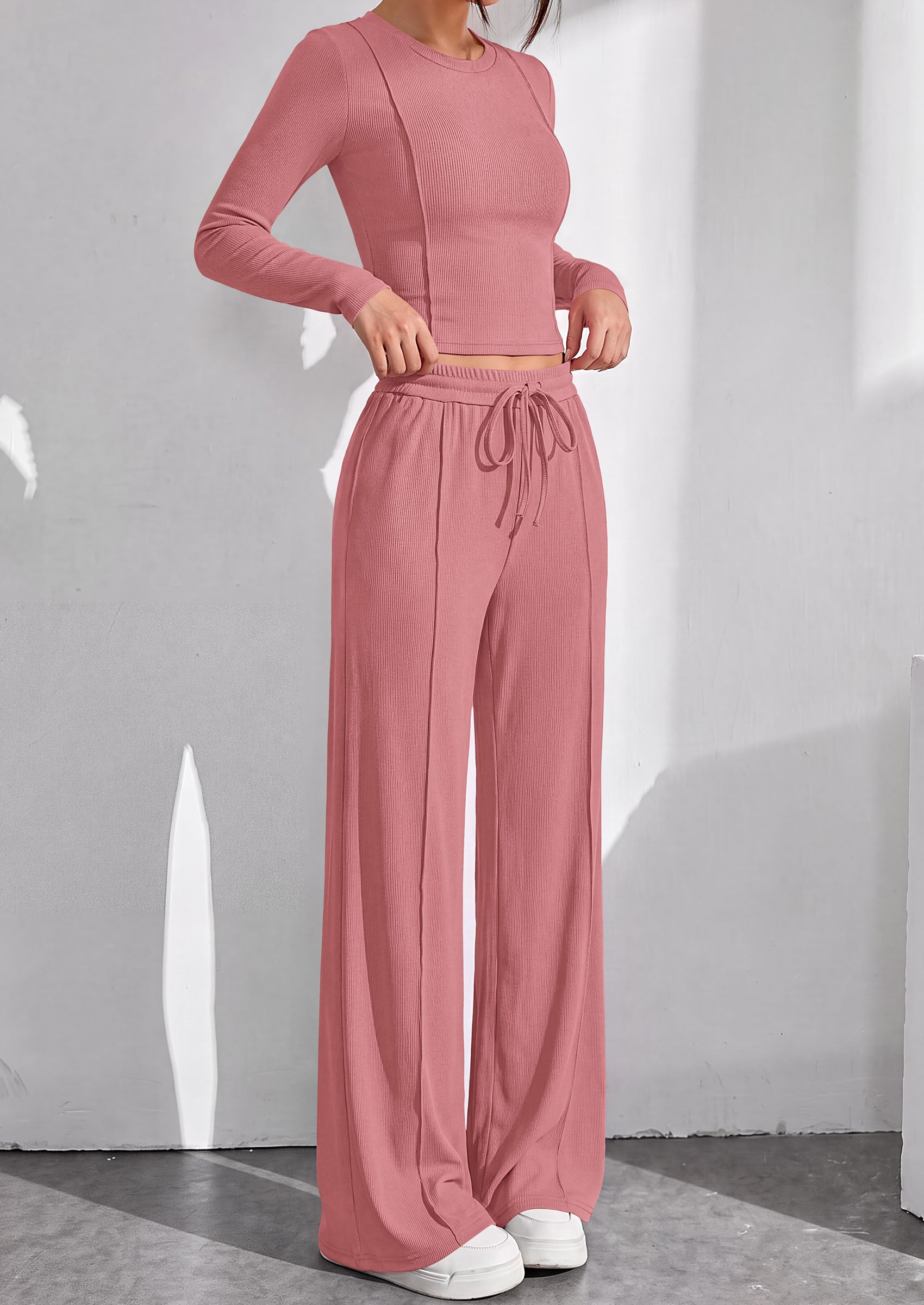 PRETTYGARDEN Womens 2 Piece Sets Long Sleeve Outfits  Soft Ribbed Knit, Loose Wide Leg Fit, Crop Top Drawstring High Waist Pants Set, Casual Lounge Travel, Matching Fall Clothes