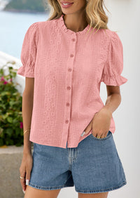 PRETTYGARDEN Womens Puff Short Sleeve Tops 2026 Summer Spring Button Down Boho Embroidered Cute Blouse Dressy Casual Shirts PRETTYGARDEN