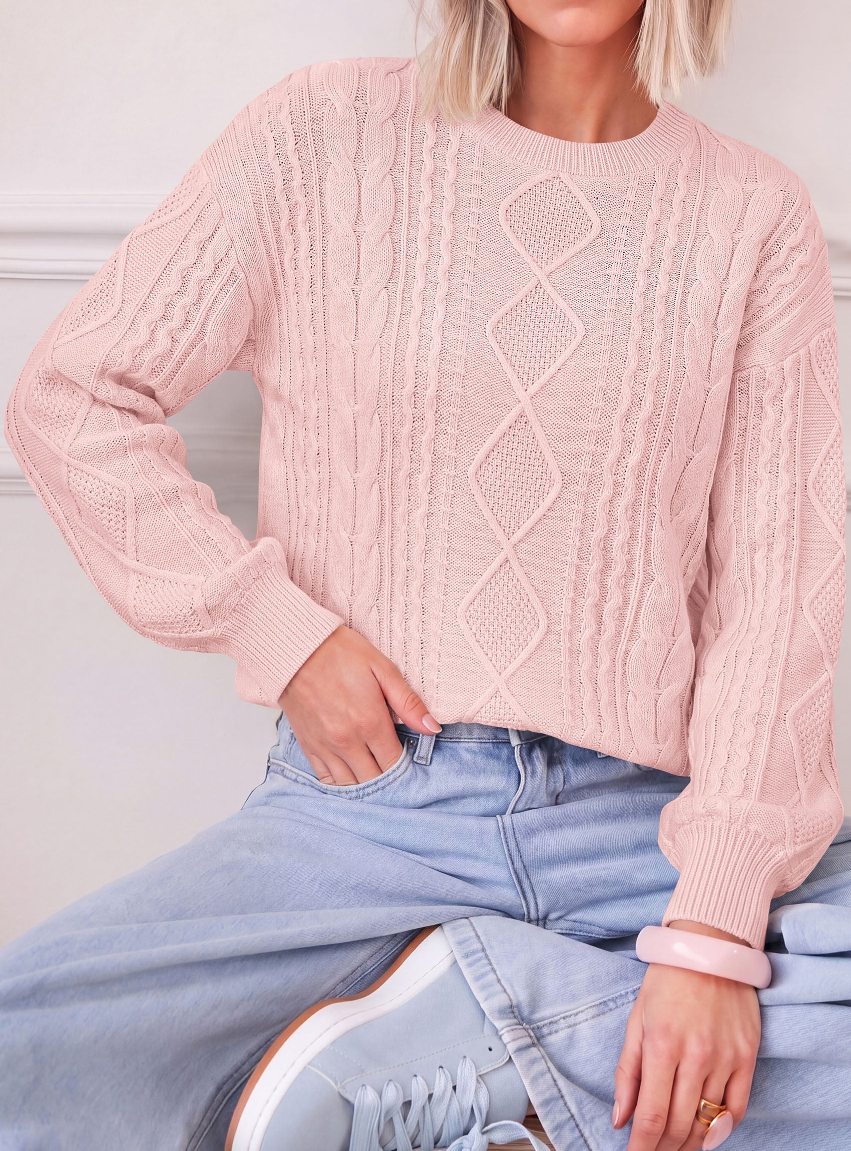 PRETTYGARDEN Womens Cable Knit Sweater Crewneck Pullover | Soft Ribbed Cuffs,Relaxed Fit Long Sleeve Sweaters,Chunky Diamond,Warm Layering,Comfy Daily Wear,Fall Winter Going out Top