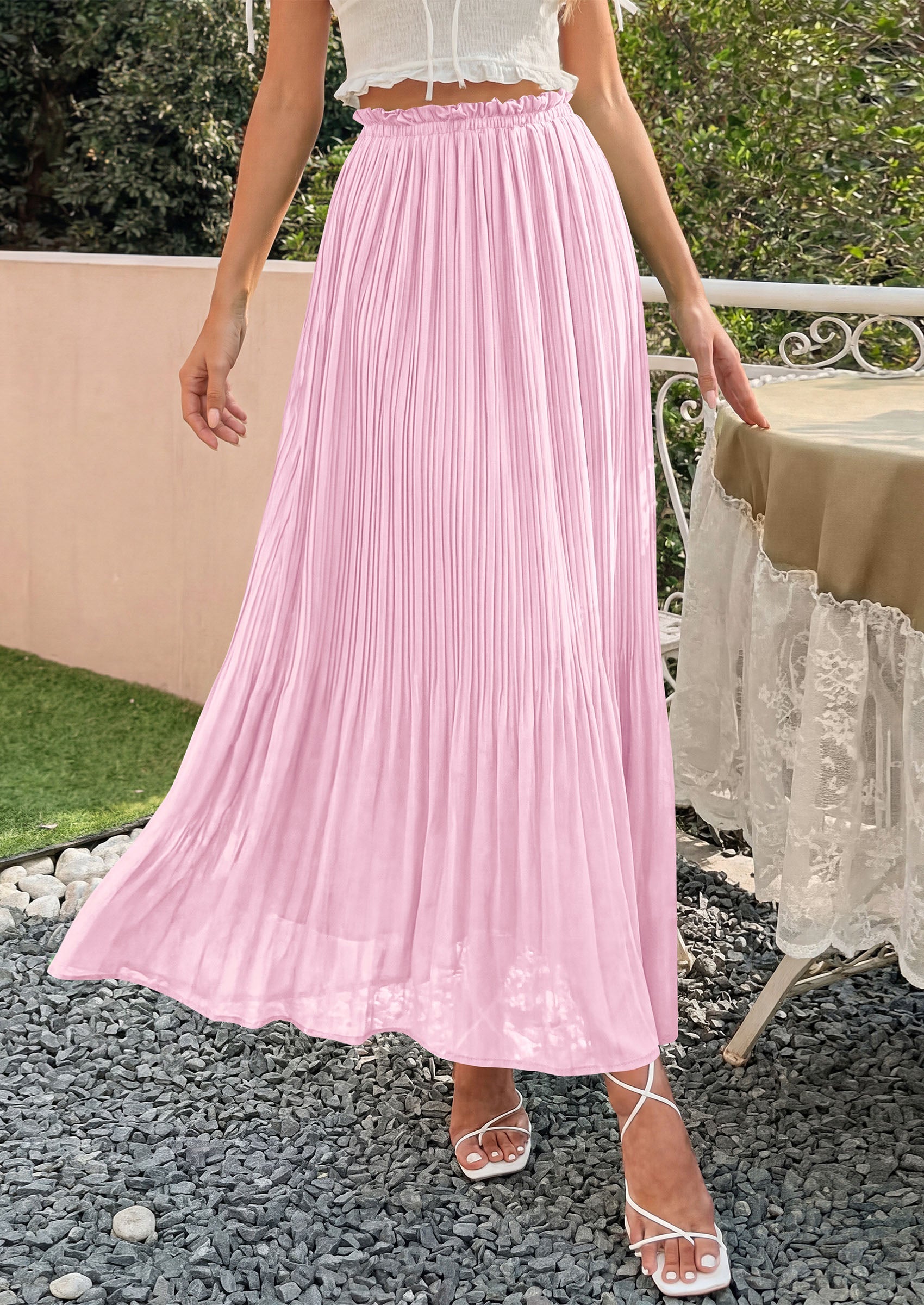 PRETTYGARDEN Pleated Long Skirts for Women Summer Vacation Outfits 2026 Spring Elastic Waisted Flowy Chiffon A-Line Midi Skirt PRETTYGARDEN