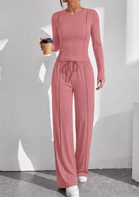 PRETTYGARDEN Womens 2 Piece Sets Long Sleeve Outfits  Soft Ribbed Knit, Loose Wide Leg Fit, Crop Top Drawstring High Waist Pants Set, Casual Lounge Travel, Matching Fall Clothes