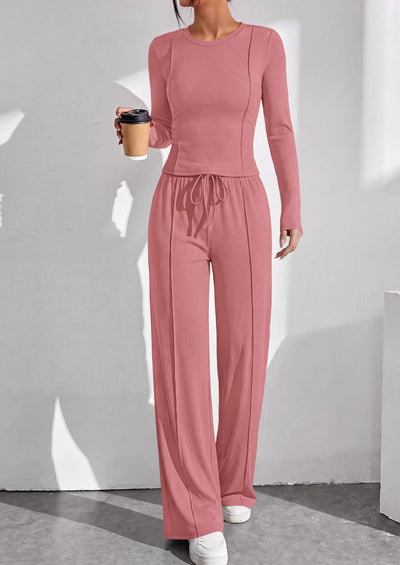 PRETTYGARDEN Womens 2 Piece Sets Long Sleeve Outfits  Soft Ribbed Knit, Loose Wide Leg Fit, Crop Top Drawstring High Waist Pants Set, Casual Lounge Travel, Matching Fall Clothes