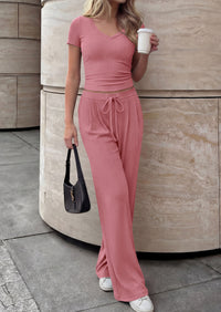 PRETTYGARDEN 2 Piece Sets for Women Summer 2026 Spring Lounge Set Matching V Neck Tops Wide Leg Pants Airport Travel Outfits PRETTYGARDEN