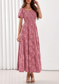 PRETTYGARDEN Women's 2026 Summer Boho Maxi Dresses Floral Short Sleeve Square Neck Smocked Flowy Long Dress Vacation Outfits PRETTYGARDEN
