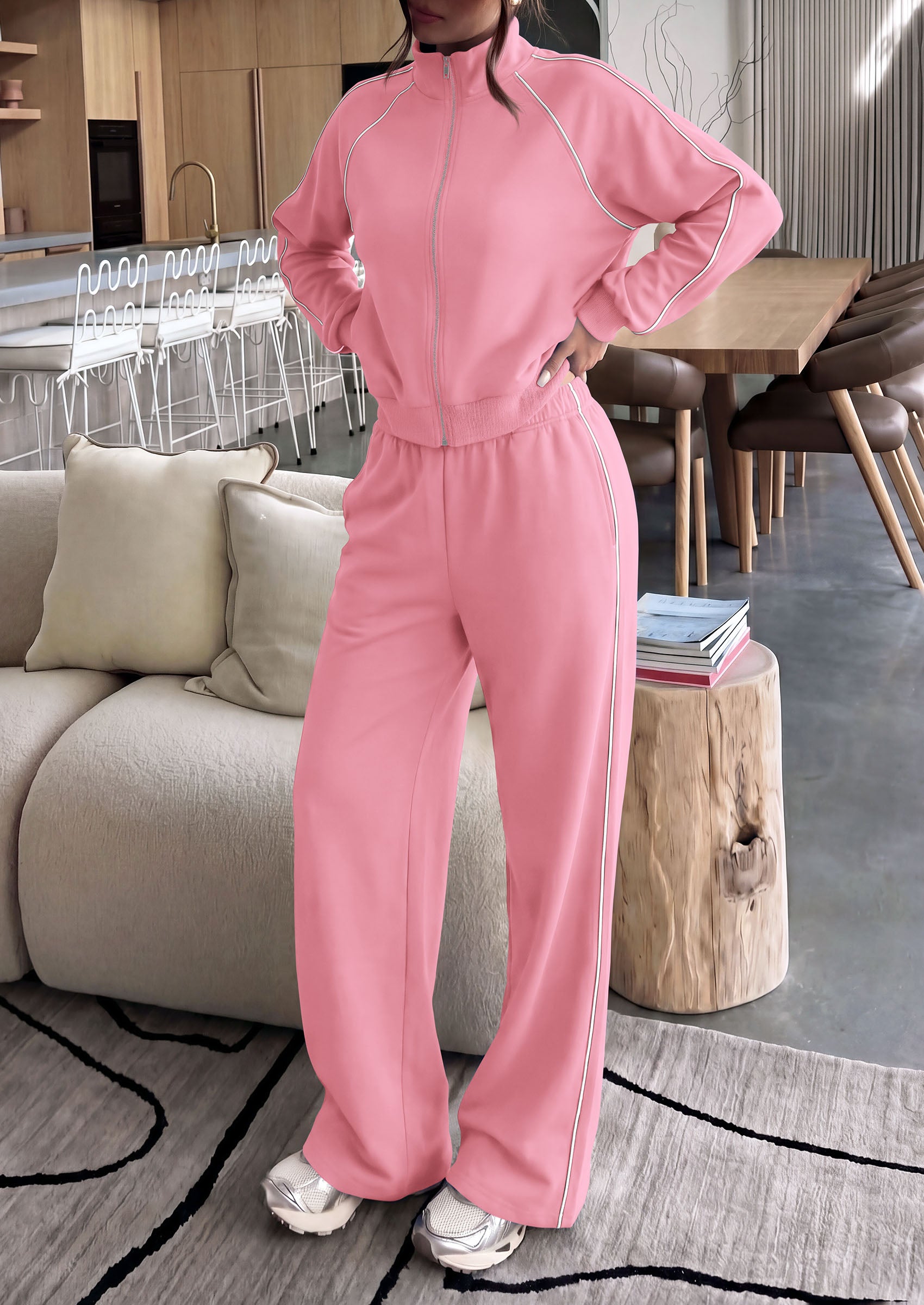PRETTYGARDEN Women's 2 Piece Sweat Set Casual Fall Outfits | Zip Up Sweatshirt,Wide Leg Pants Sweatsuits,Side Stripes,Matching Lounge Sets,Athletic Wear for Airport,Jogging,Travel,Daily