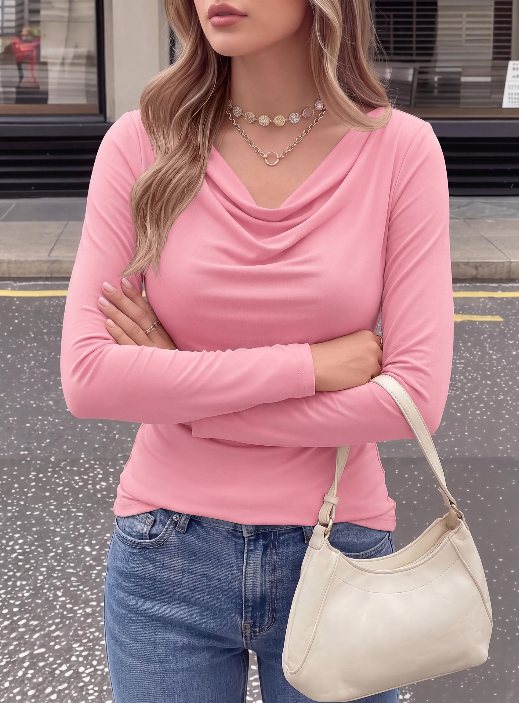 PRETTYGARDEN Cowl Neck Tops for Women Fashion Long Sleeve Shirt  Comfy Ruched Shirts, Soft Lightweight Knit, Chic Cowl Neck Top, Casual Going Out Outfits, Fall Winter Trendy Clothes