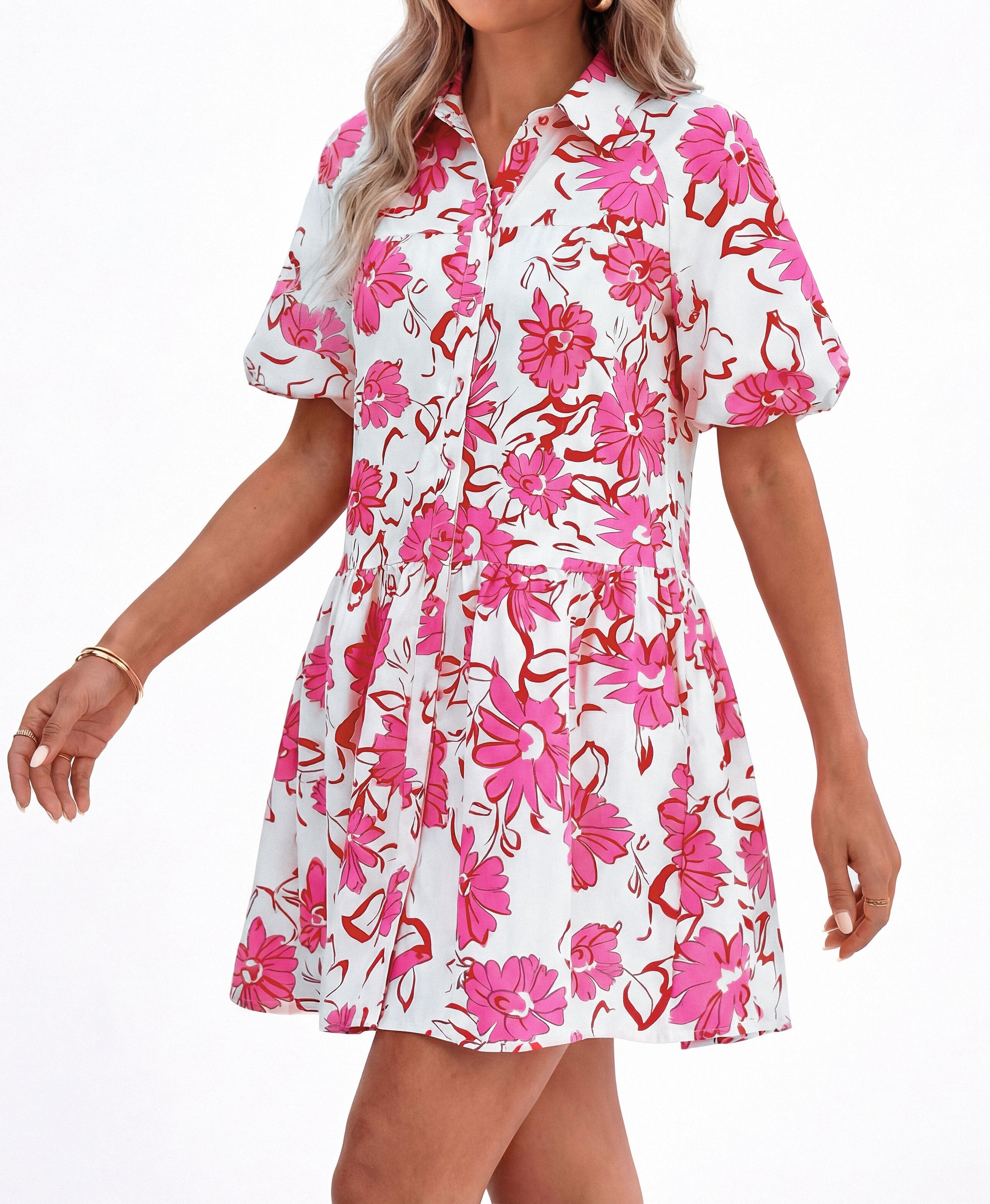 PRETTYGARDEN Womens Summer Dresses 2026 Casual Puff Sleeve Button Down Mini Shirt Dress Boho Floral Babydoll Sun Dress PRETTYGARDEN