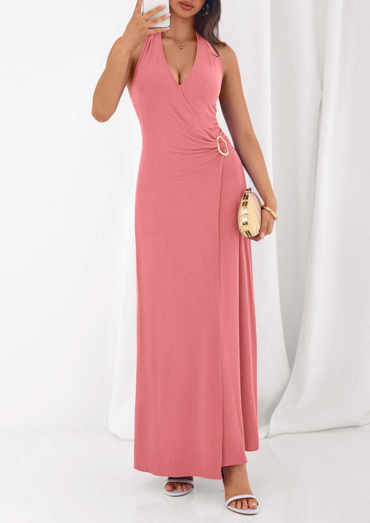 PRETTYGARDEN Womens Summer Halter Dresses 2026 Elegant Classy V Neck Backless Sundress Cocktail Party Long Midi Dress PRETTYGARDEN