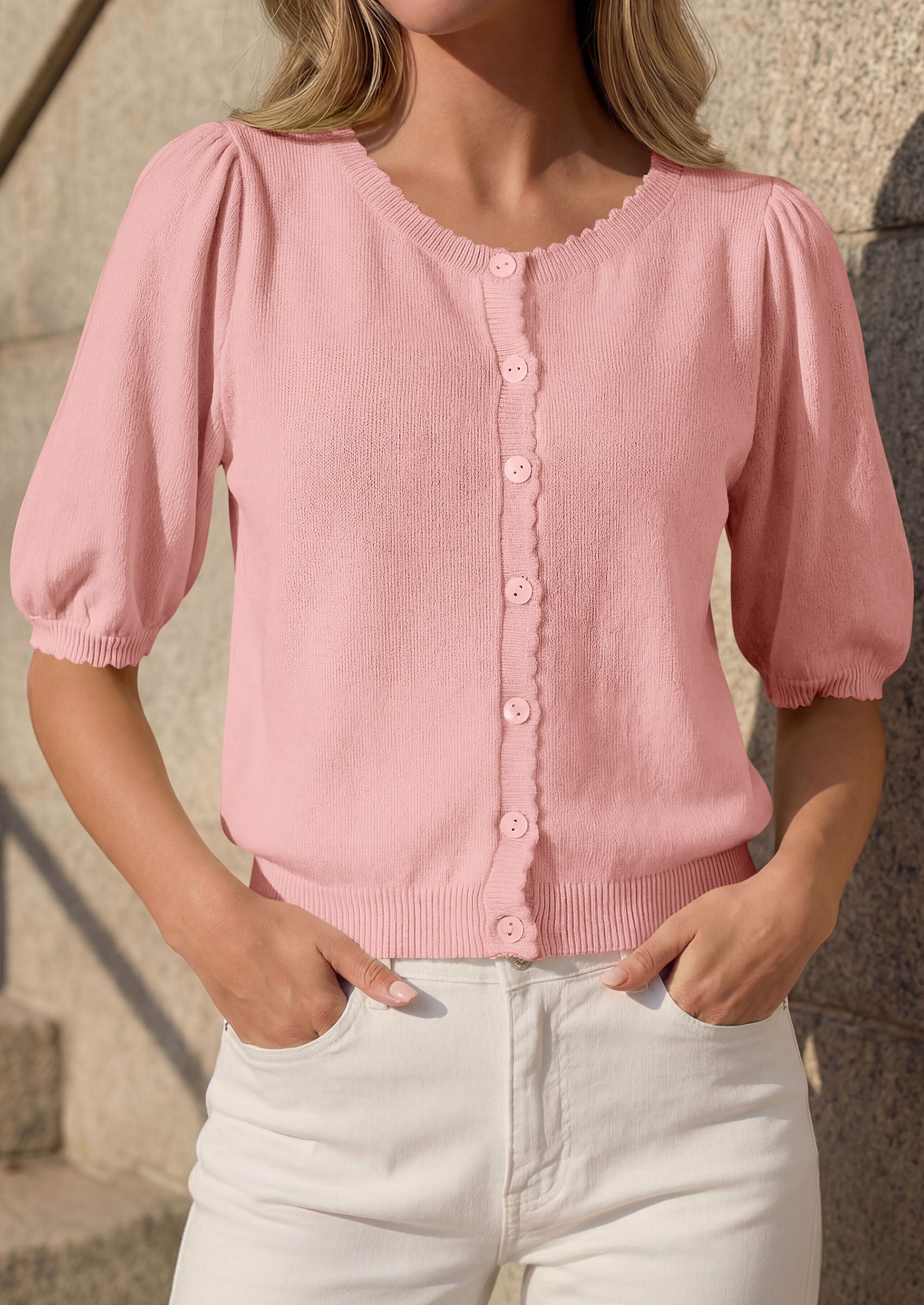 PRETTYGARDEN Puff Short Sleeve Cardigans for Women Lightweight 2026 Summer Shirts Button Up Knit Sweater Tops Spring Clothes PRETTYGARDEN