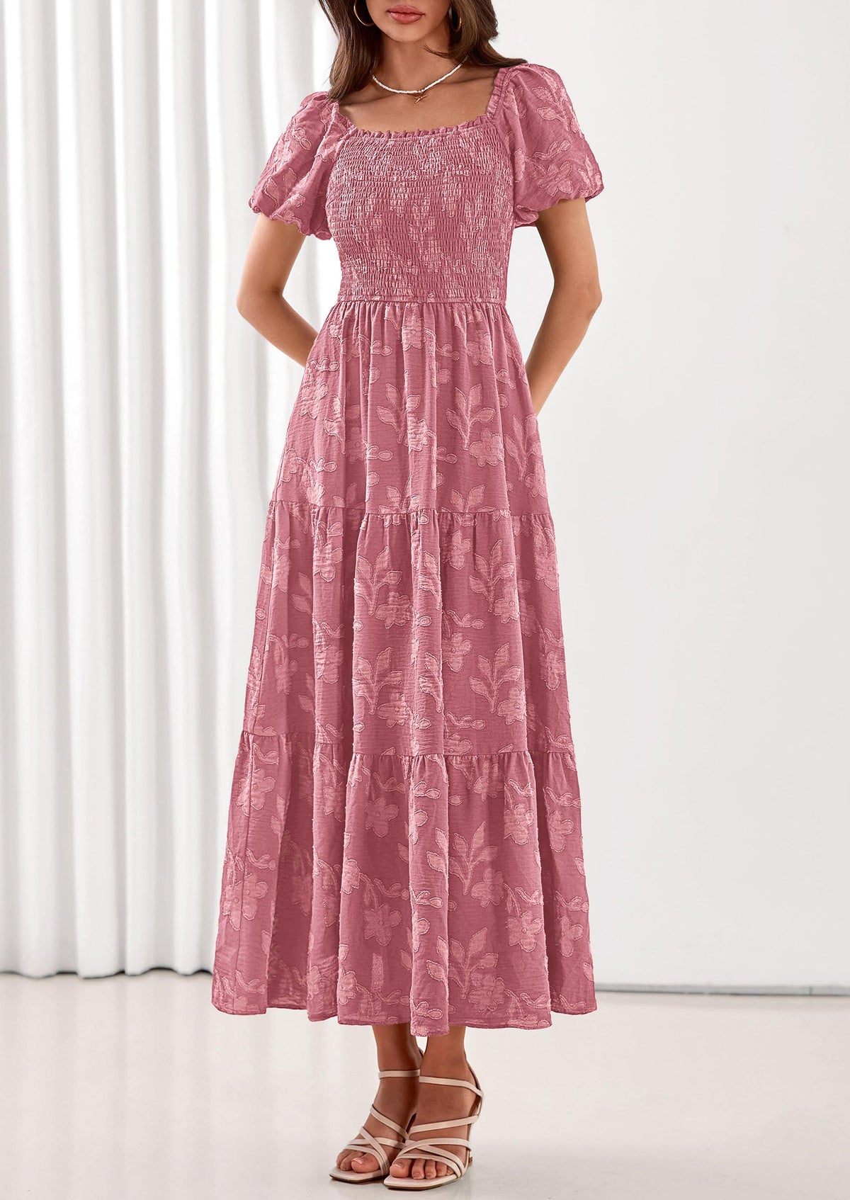 PRETTYGARDEN Women's 2026 Summer Boho Maxi Dresses Floral Short Sleeve Square Neck Smocked Flowy Long Dress Vacation Outfits PRETTYGARDEN