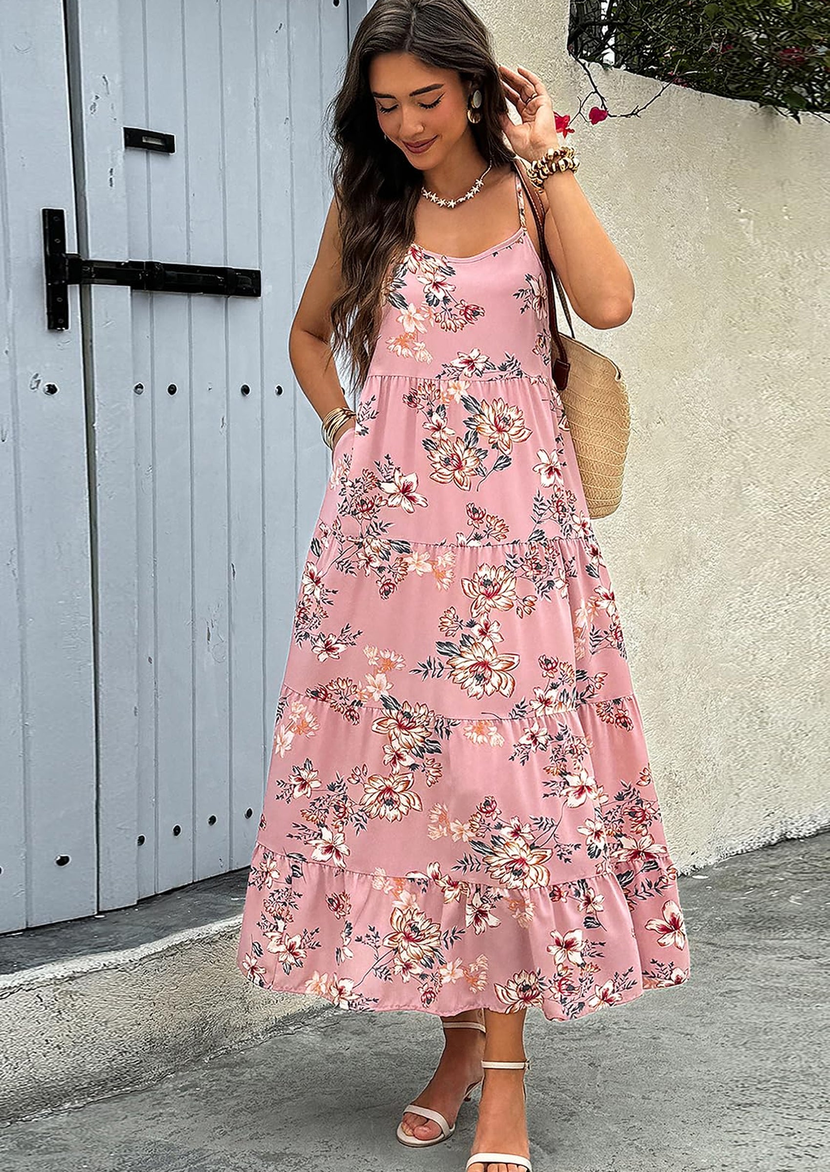 PRETTYGARDEN Women Summer Dresses Spaghetti Strap Scoop Neck Floral Maxi Dress Flowy Boho Long Sundress with Pockets