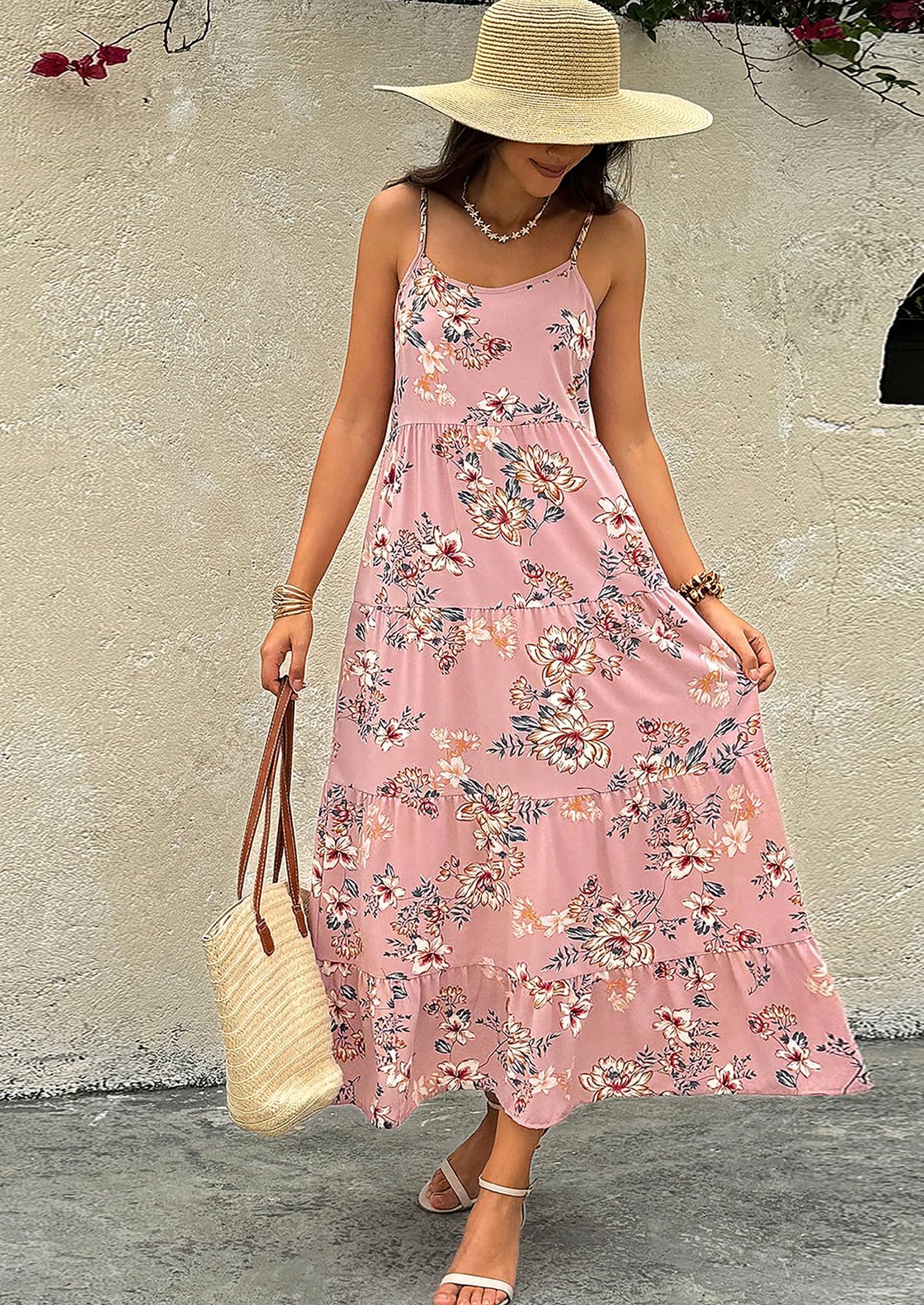 PRETTYGARDEN Women Summer Dresses Spaghetti Strap Scoop Neck Floral Maxi Dress Flowy Boho Long Sundress with Pockets