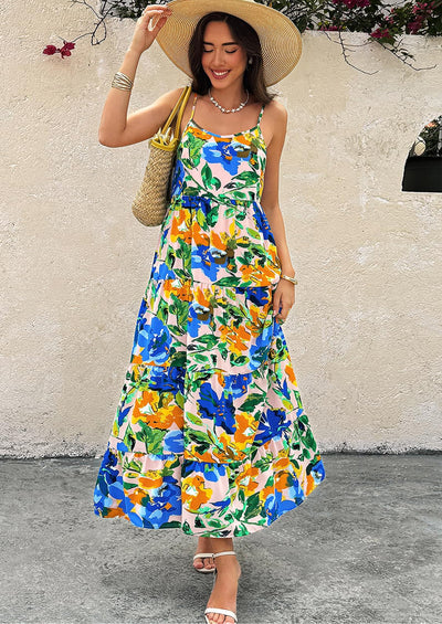 PRETTYGARDEN Women Summer Dresses Spaghetti Strap Scoop Neck Floral Maxi Dress Flowy Boho Long Sundress with Pockets