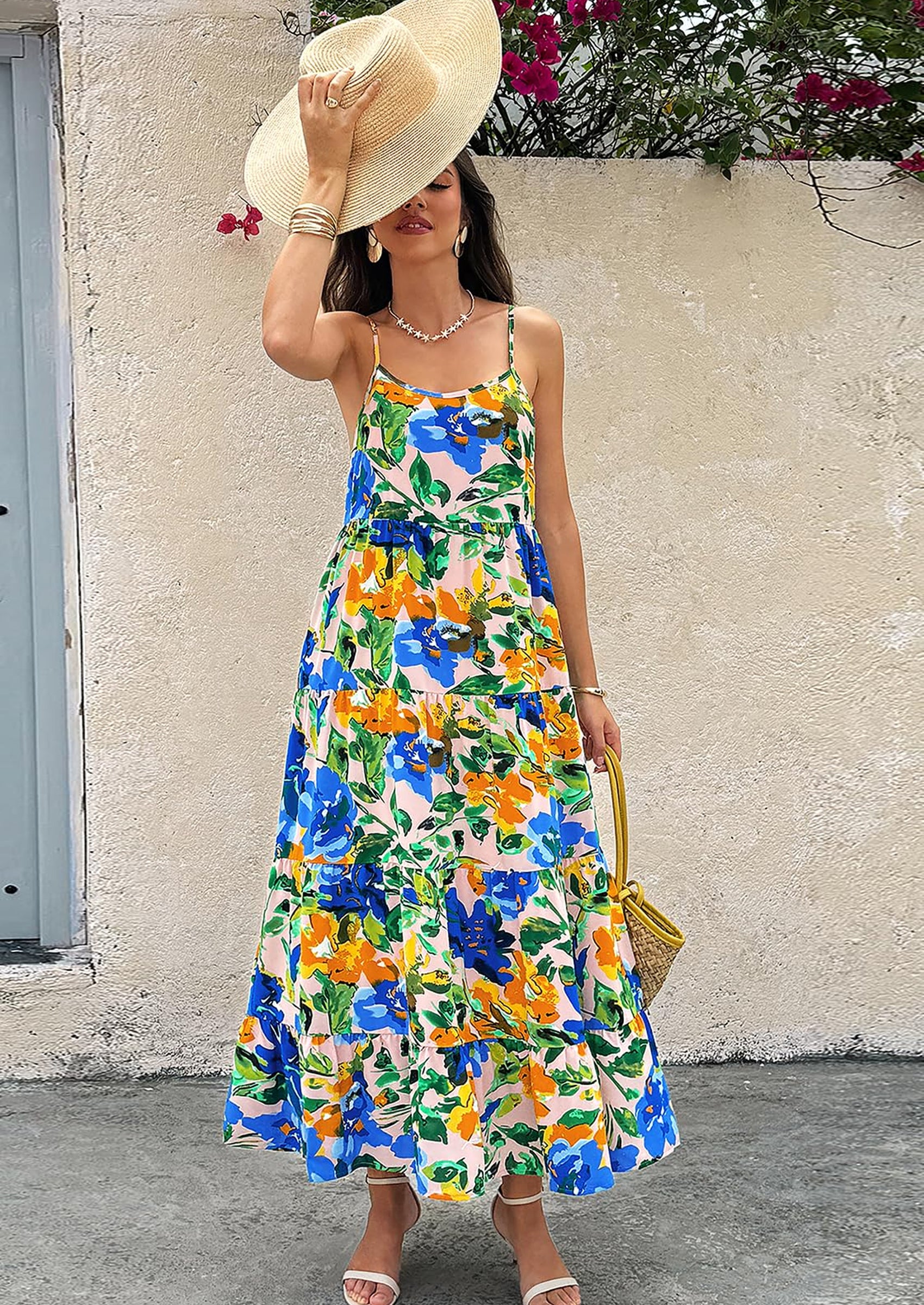 PRETTYGARDEN Women Summer Dresses Spaghetti Strap Scoop Neck Floral Maxi Dress Flowy Boho Long Sundress with Pockets