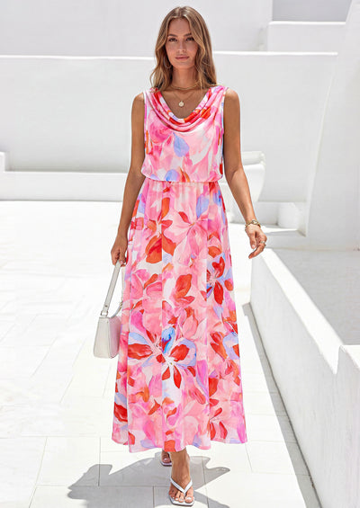 PRETTYGARDEN Womens Summer Floral Maxi Dresses Spring Sleeveless Cowl Neck Flowy Beach Vacation Wedding Guest Long Dress