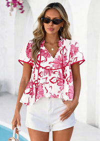 PRETTYGARDEN Womens Summer Tops Cute Puff Sleeve Ruffle V Neck Babydoll T-Shirts Boho Floral Spring Peplum Shirts