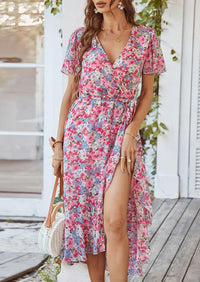 PRETTYGARDEN Women Summer Floral Boho V Neck Ruffle Wedding Guest Maxi Dresses