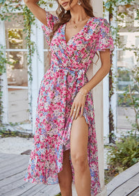 PRETTYGARDEN Women Summer Floral Boho V Neck Ruffle Wedding Guest Maxi Dresses