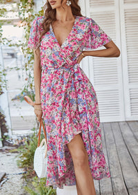 PRETTYGARDEN Women Summer Floral Boho V Neck Ruffle Wedding Guest Maxi Dresses