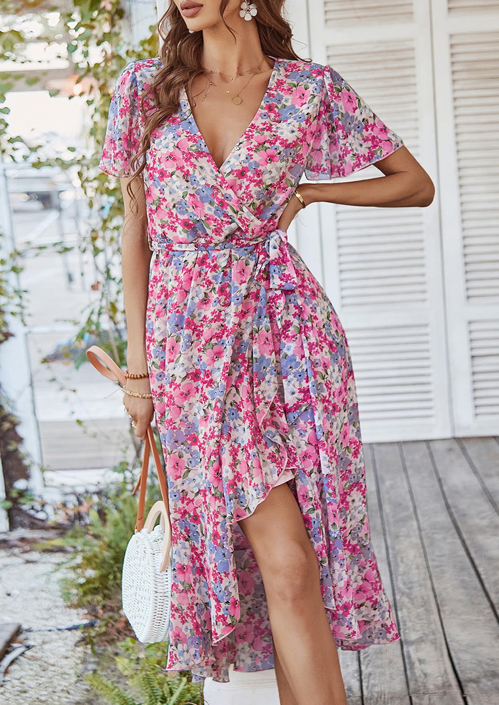 PRETTYGARDEN Women Summer Floral Boho V Neck Ruffle Wedding Guest Maxi Dresses