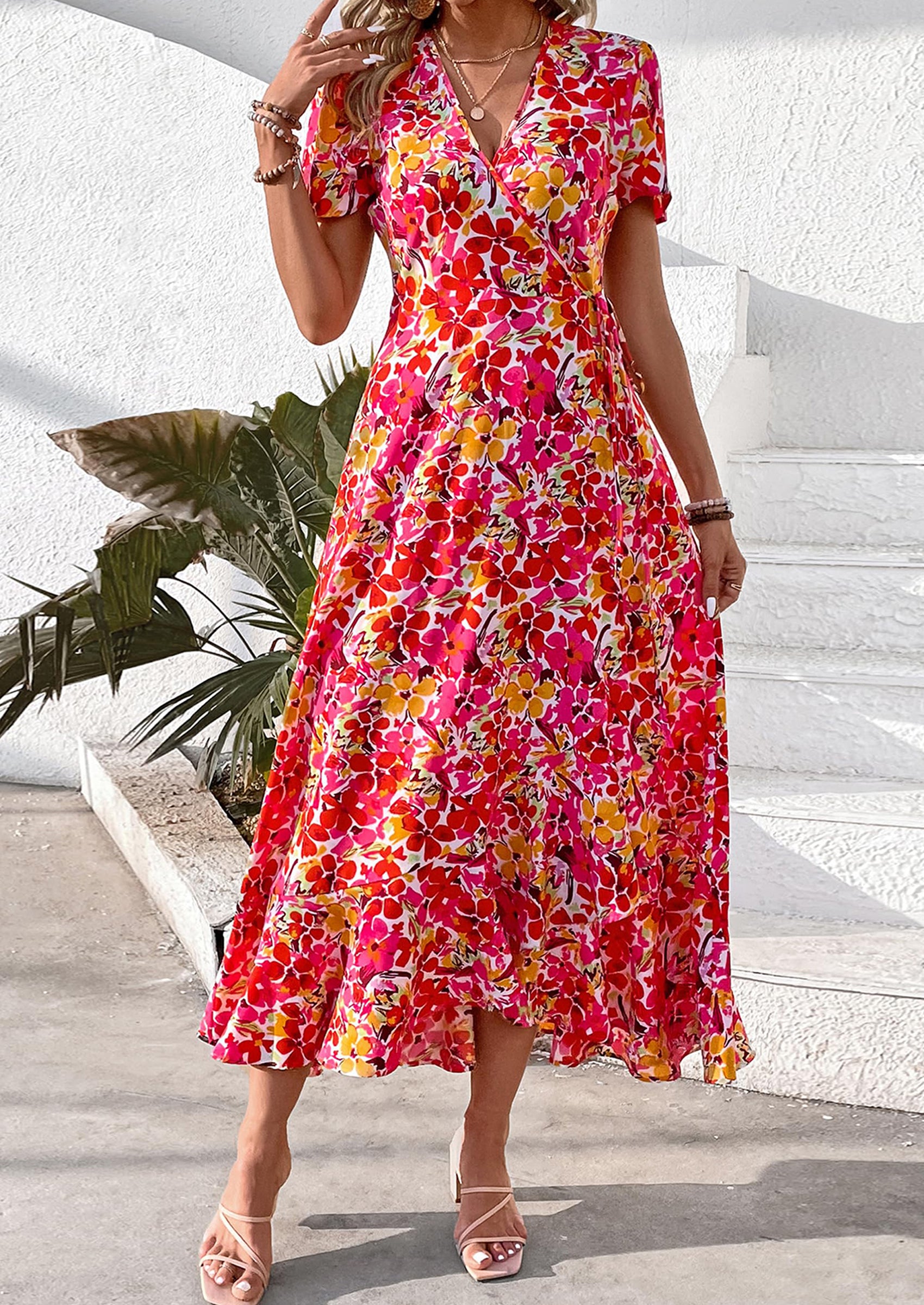 PRETTYGARDEN Women's Summer Maxi Dress Casual Wrap Floral Boho Short Sleeve V Neck Split Ruffle Beach Long Dresses